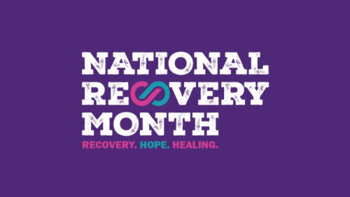 White bold text reads "National Recovery Month." An infinity symbol replaces the "O" in "Recovery." Below, "Recovery. Hope. Healing."